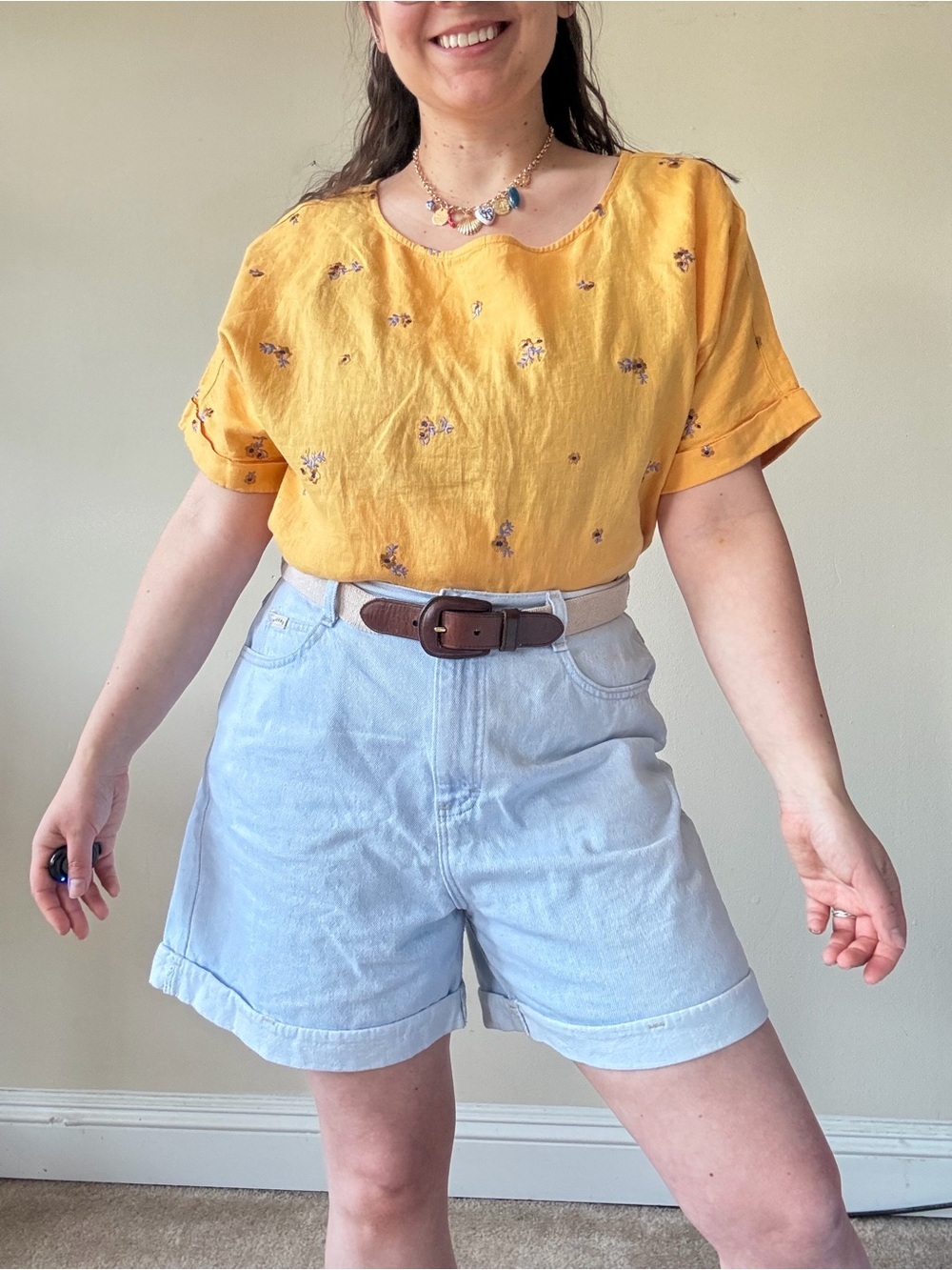 Cynthia Rowley Mustard Yellow Linen Top with Tiny Floral Embroidery